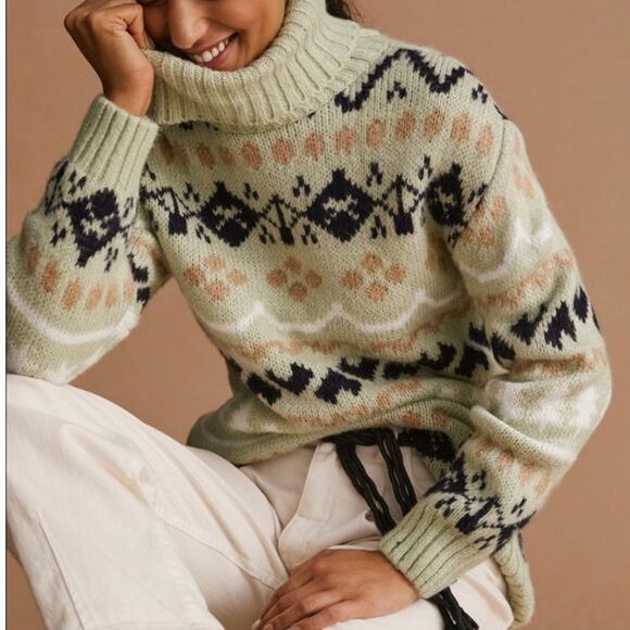 Anthropologie Mint Green‎ Fair Isle Heavy Knit Turtleneck Tunic Sweater XS - Picture 1 of 9